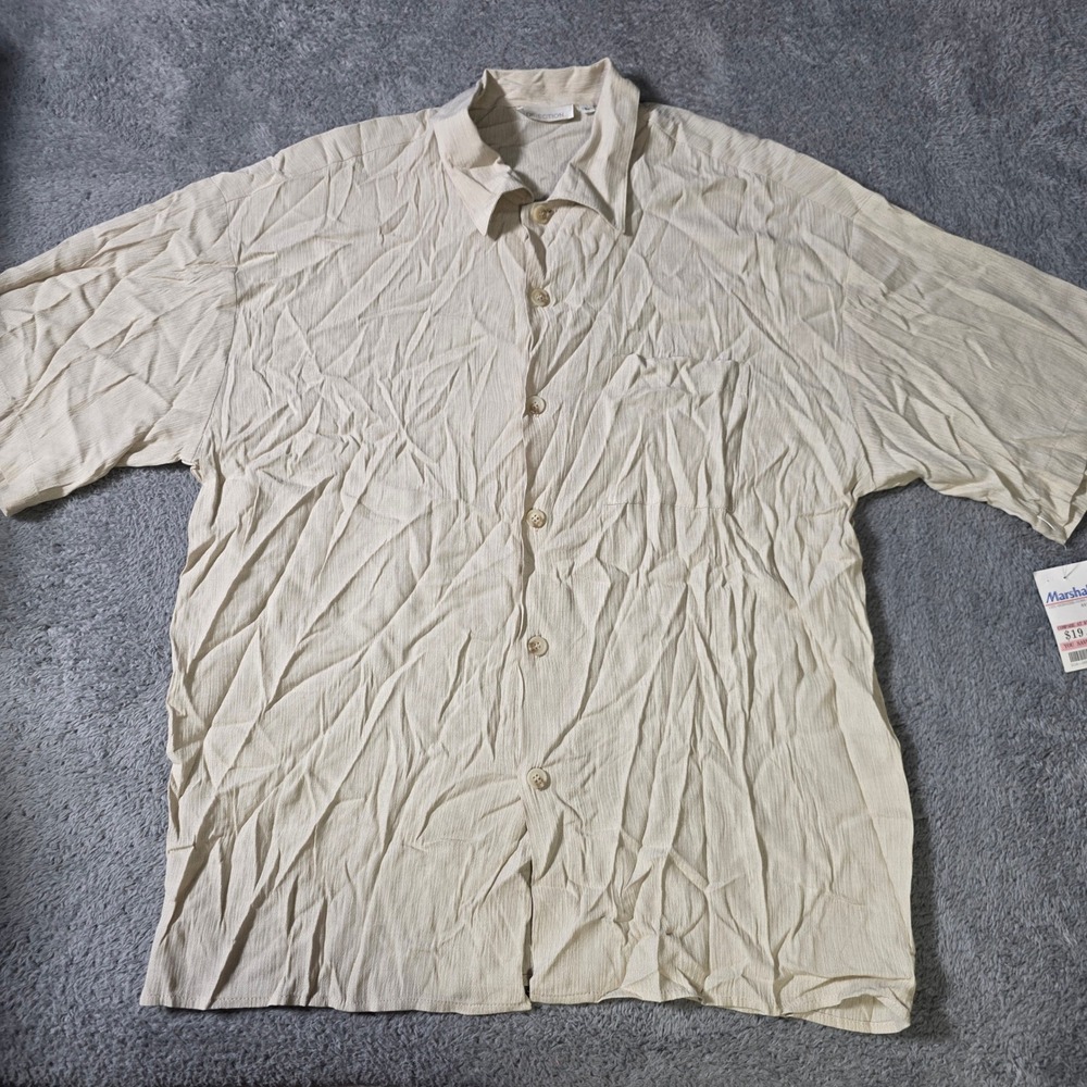 Direction Mens‎ L Short Sleeve Button Down Shirt Beige Rayon Blend Made in USA